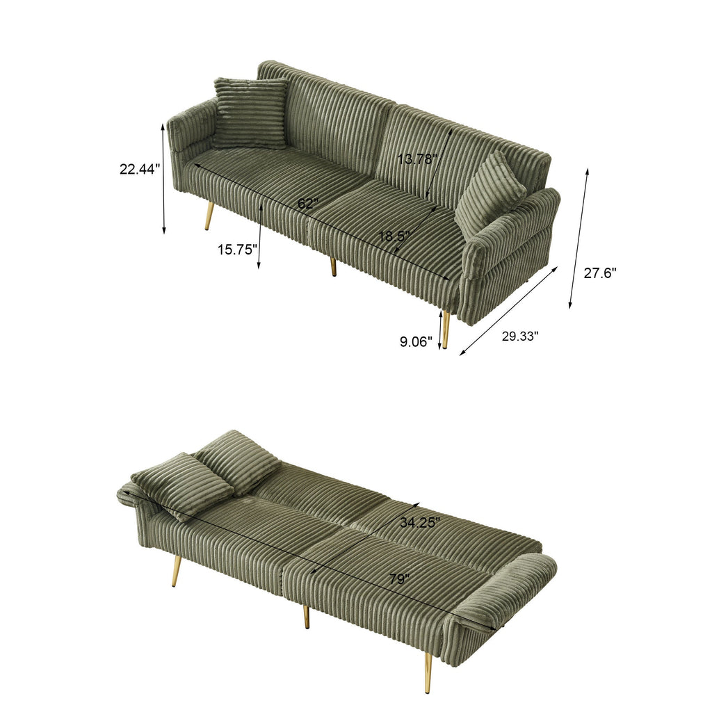 Modern Corduroy Sofa Bed, Foldable Double Sofa with Armrests, Green Velvet, 79 Inch