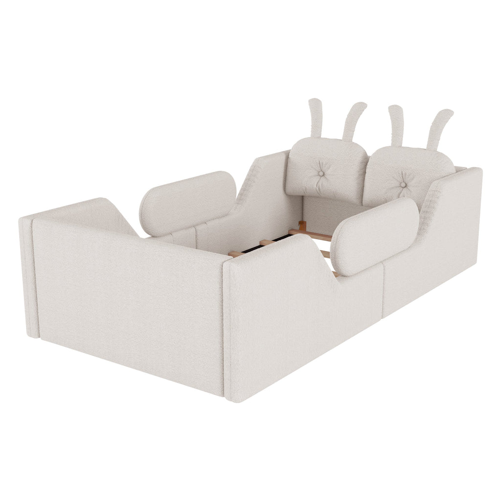Twin Size Upholstered Platform Bed with Rabbit Cushion, Kids Floor Upholstered Bed with Removable Side Rails, White(Expect Arrival Date 2025/1/15)