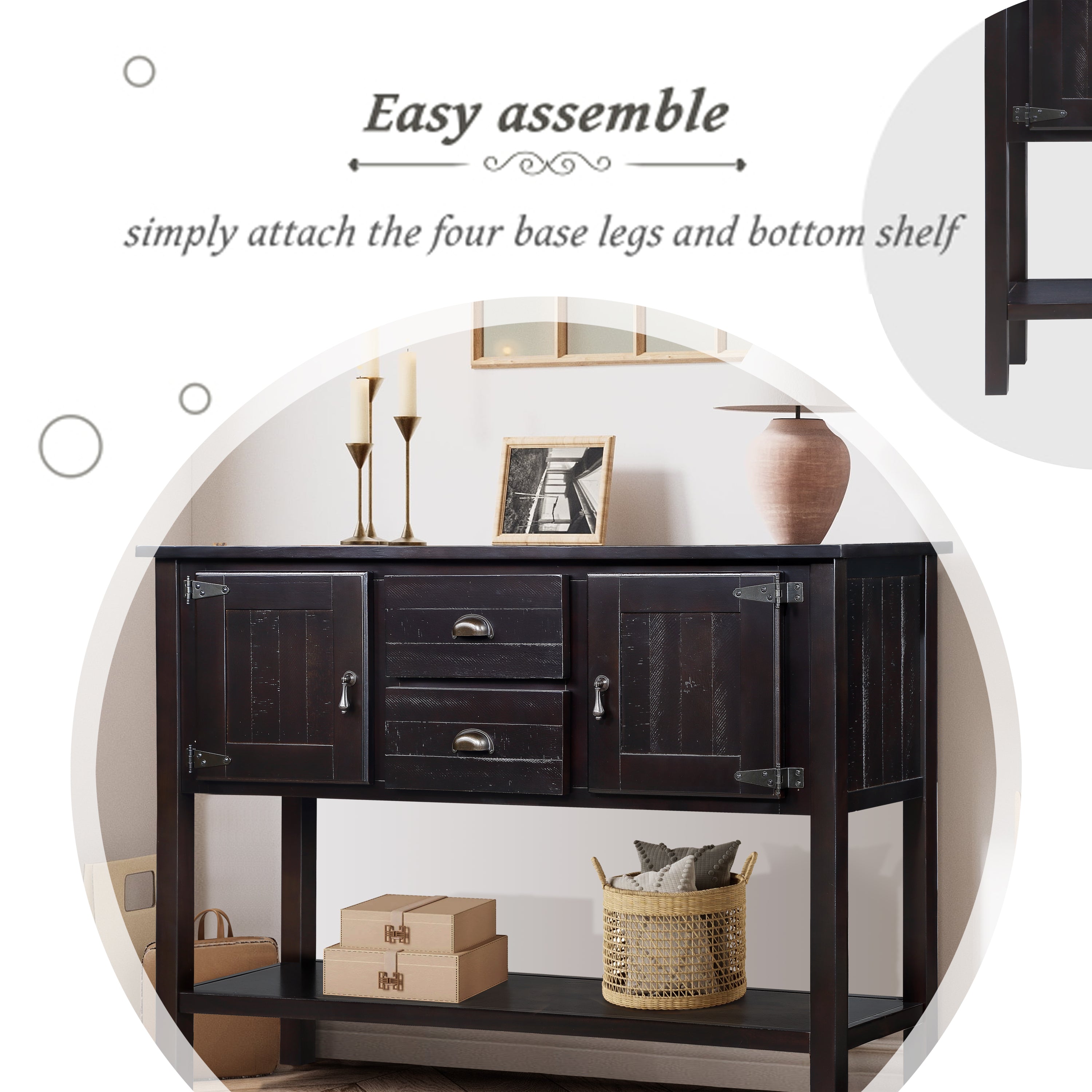 48'' Solid Wood Sideboard Console Table with 2 Drawers and Cabinets and Bottom Shelf, Retro Style Storage Dining Buffet Server Cabinet for Living Room Kitchen Dining Room (Espresso