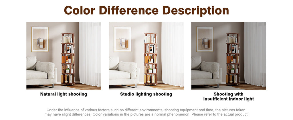 100%Solid Wood Rotating Bookshelf on Wheels,5 Tier, Round Revolving Bookcase, 360° Spinning Book Shelf Tower for Kids, Narrow Rolling Bookshelves for Small Space, Corner, Bedroom, Office, Walnut