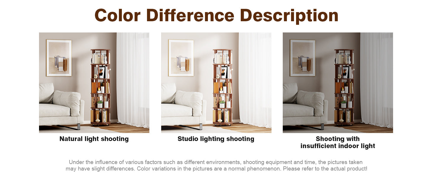 100%Solid Wood Rotating Bookshelf on Wheels,5 Tier, Round Revolving Bookcase, 360° Spinning Book Shelf Tower for Kids, Narrow Rolling Bookshelves for Small Space, Corner, Bedroom, Office, Walnut