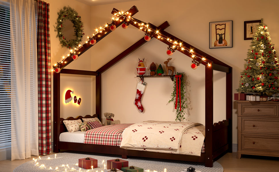 Twin House Floor Bed with Support Slats, Solid Wood House Bed Frame for Kids, No Box Spring Needed and Opening Constructure, Espresso