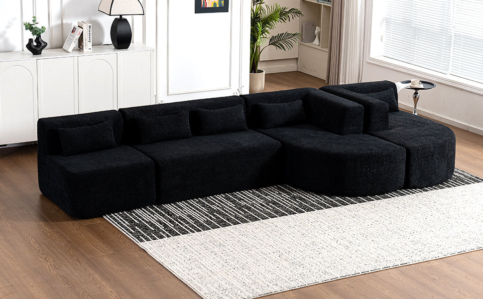 144' Upholstered Sofa Free-combined Sofa Couch with Two Chaise Lounge and Five Back Pillows for Living Room(Old SKU: N719S001600B), Black