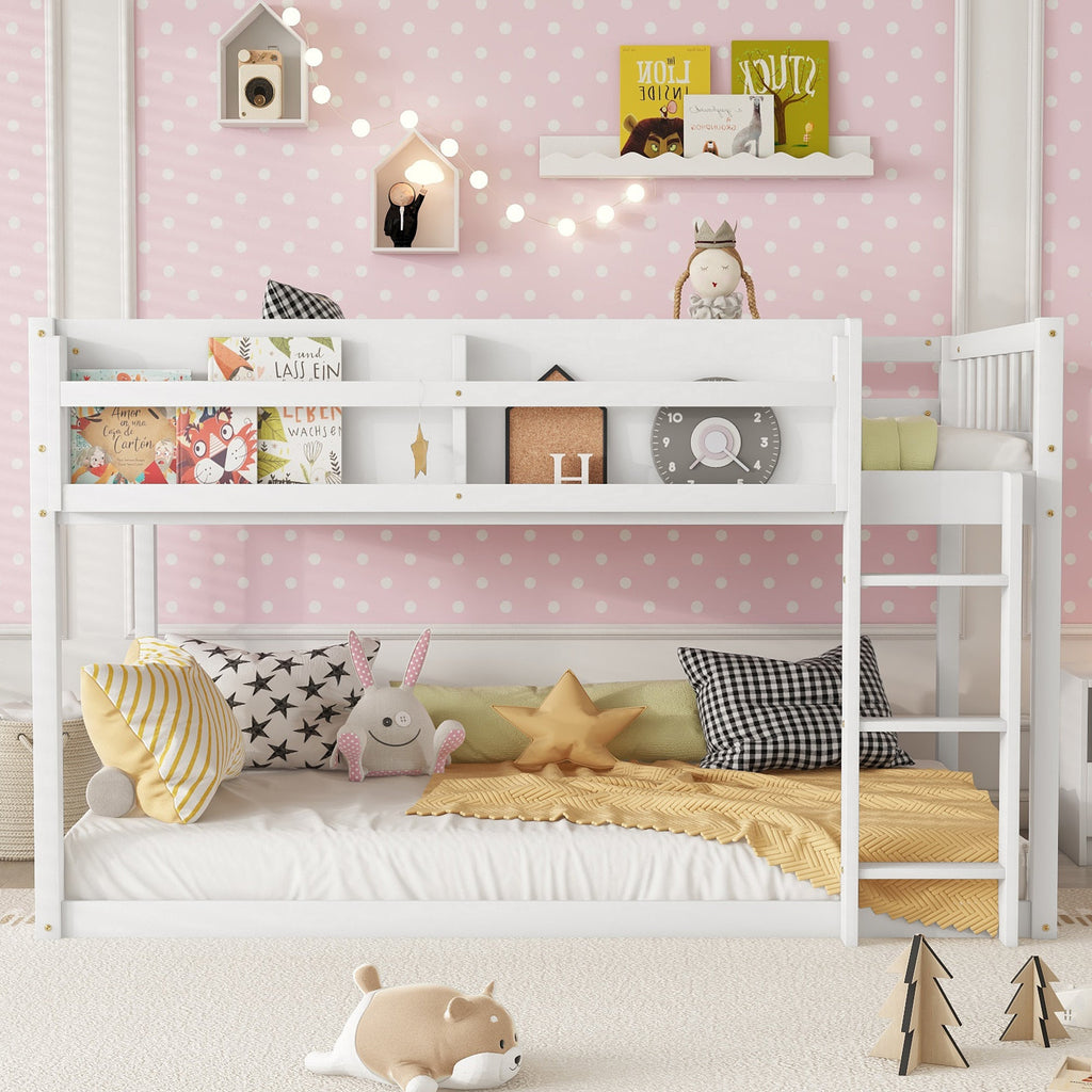 Low Twin Over Twin Bunk Bed, Floor Bunk Bed with Ladder, Solid Wood Twin Bunk Bed for Kids & Juniors, White(Expect Arrival Date 2025/11/25)