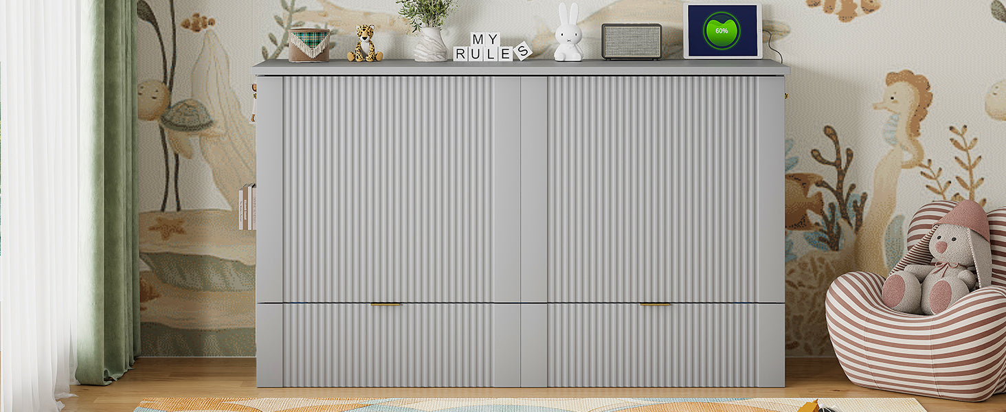 Queen Size Murphy  Bed with drawer and a set of Sockets & USB Ports, Pulley Structure Design, Gray