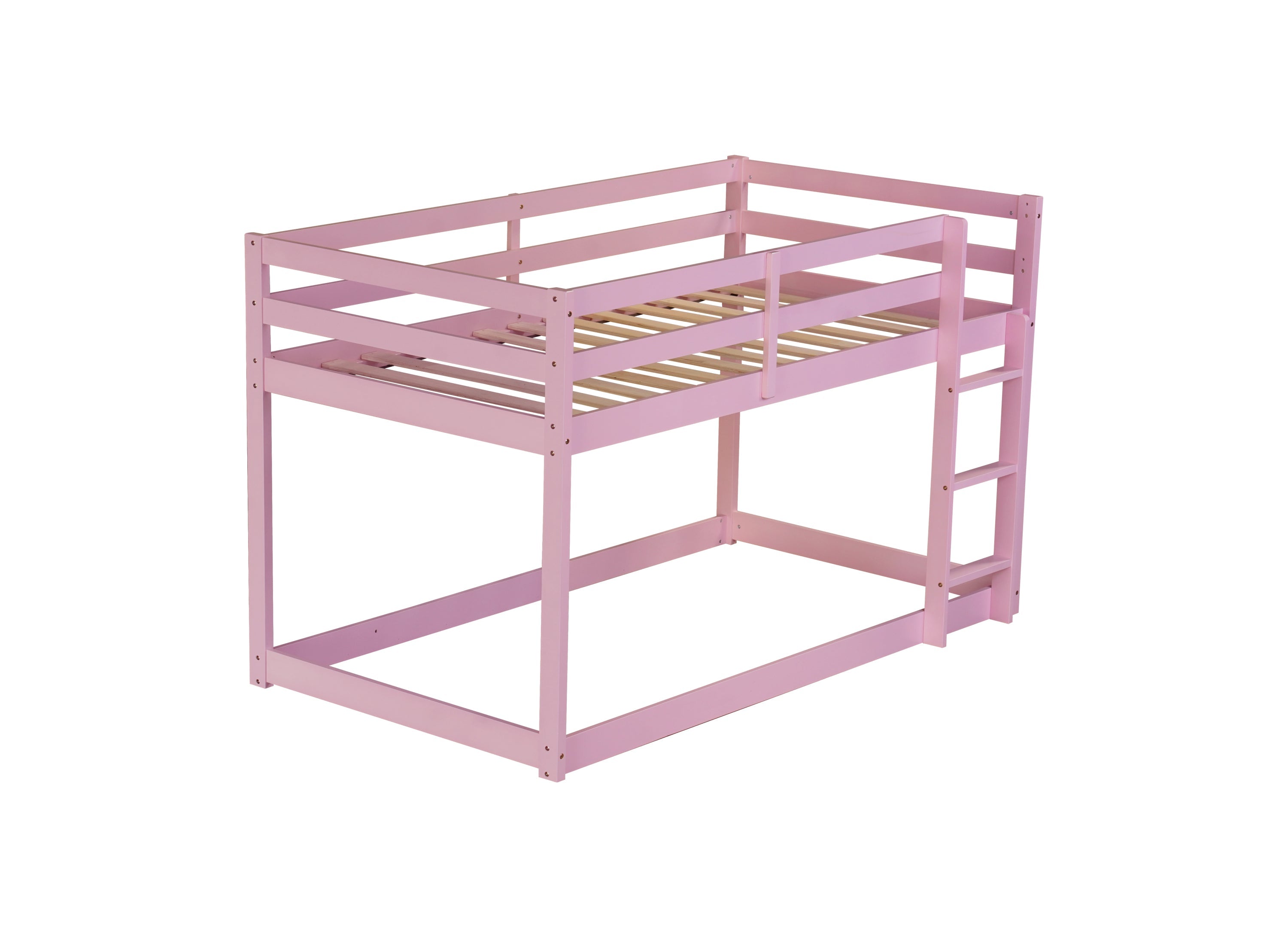 Solid Wooden, Solid Rubber Wooden Twin over Twin Floor Bunk Bed with Ladder, with Bed Platform of Strengthened Slats , Pink