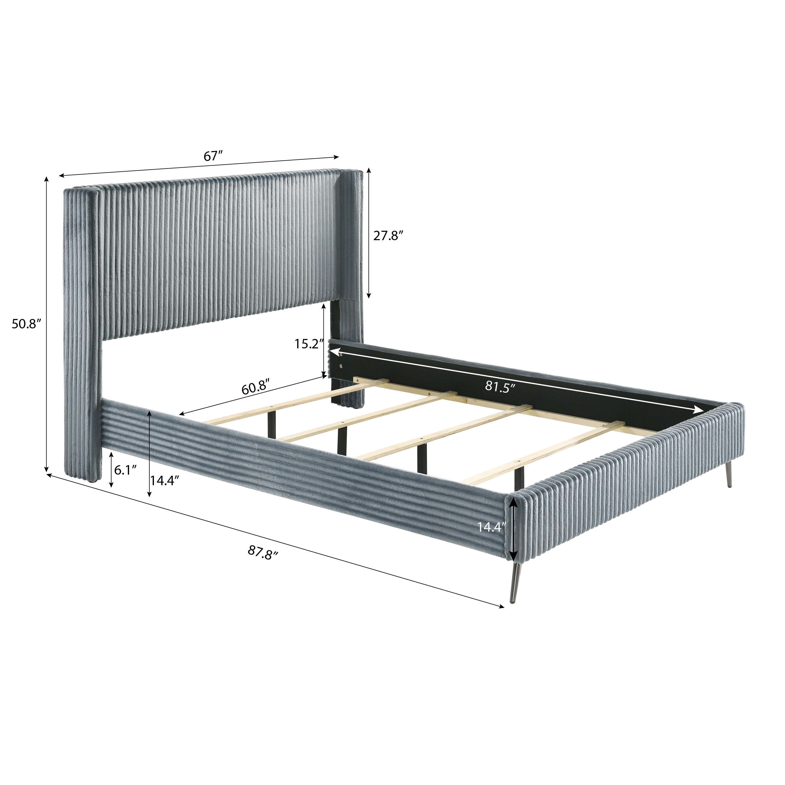 Mavela Wide Wale Corduroy Upholstery Panel Queen Bed with 2 Nightstands and Bench, Blue