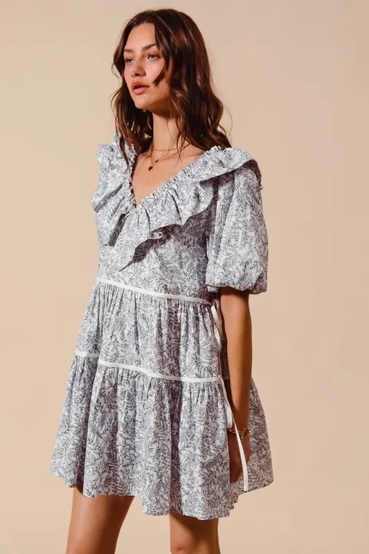SO ME Cotton Printed Ruffle V Neckline Dress with Side Tie