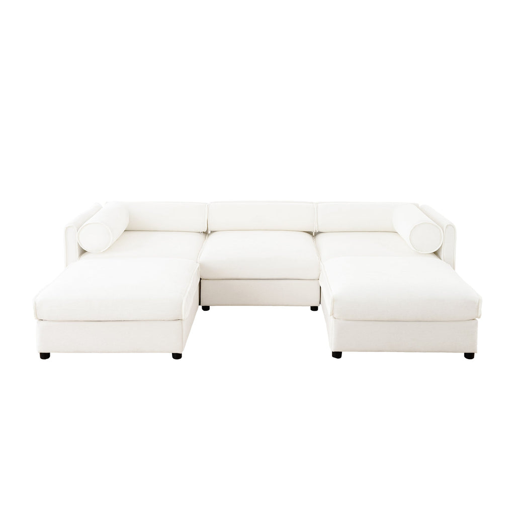 Elegant White Chenille  Sofa with Storage Seat and Ottoman, U-Shaped 3-Seater Cylindrical Backrest and Armrests, Contemporary 3-Seater Fabric Couch with Hidden Storage Compartment