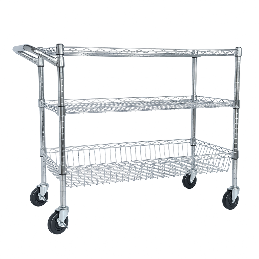 Heavy Duty Rolling Utility Cart,3 Tier Rolling Carts with Wheels,with Handle Bar & Shelf Liners,36'x18'x32'Storage Cart for Kitchen,Restaurant,Plant Display,Chrome