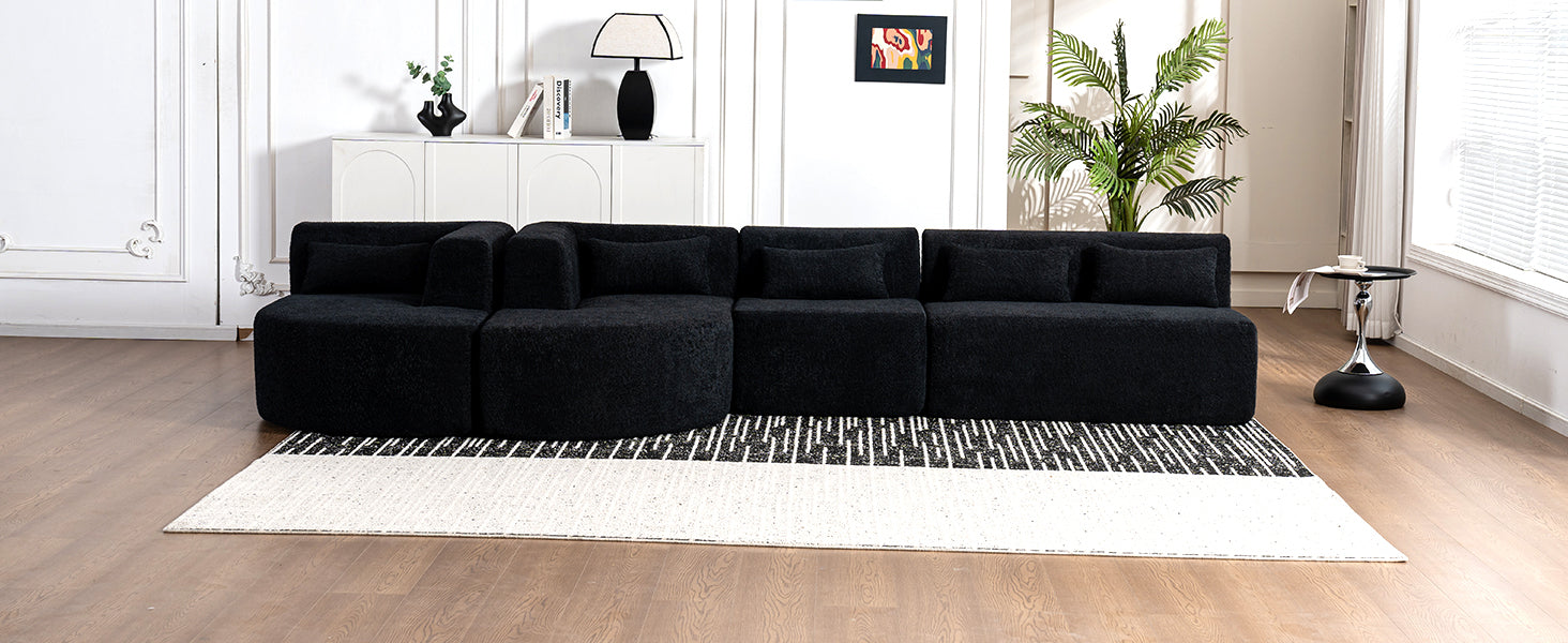 144' Upholstered Sofa Free-combined Sofa Couch with Two Chaise Lounge and Five Back Pillows for Living Room(Old SKU: N719S001600B), Black
