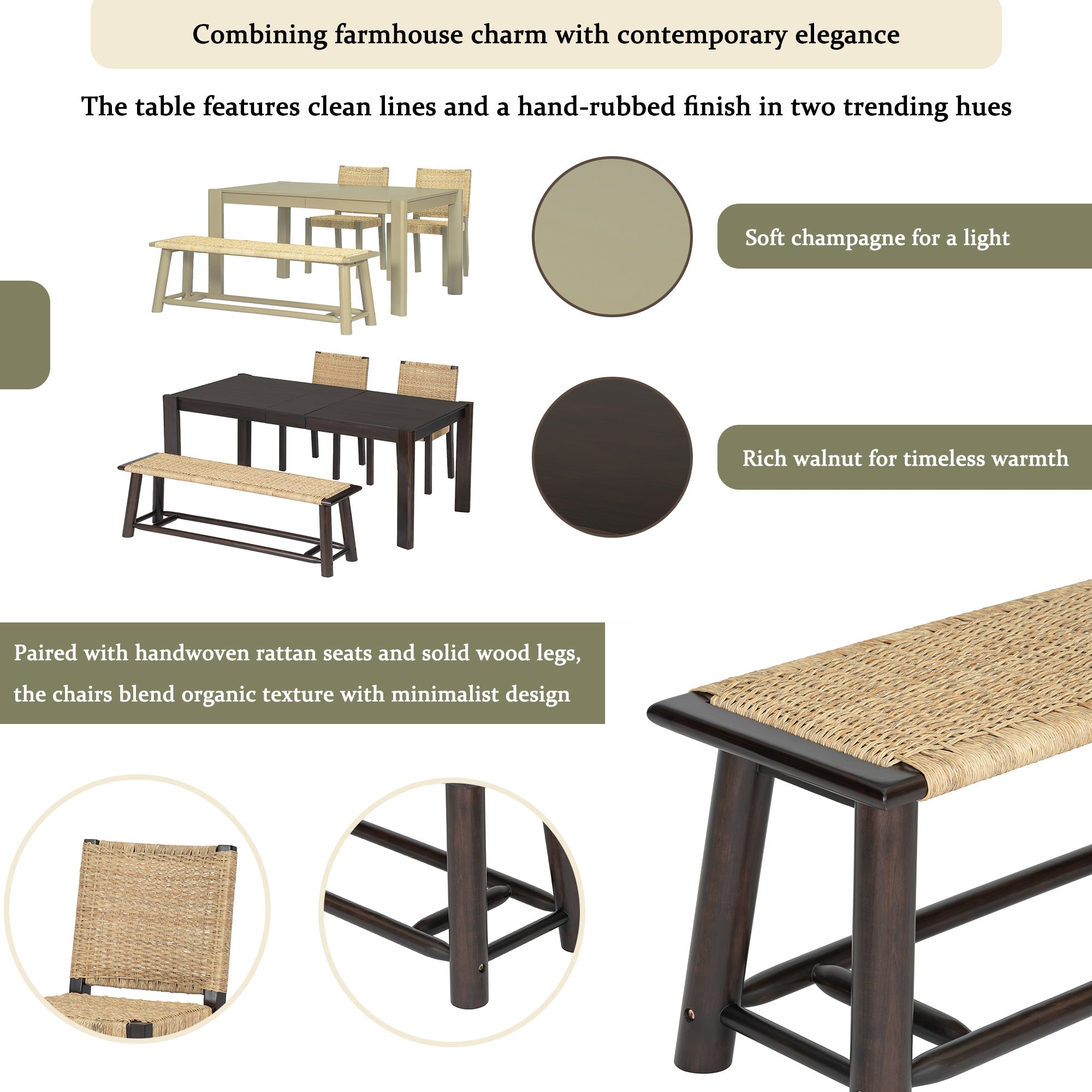 Modern Farmhouse Extendable Dining Table Set with Solid Wood Rattan Chairs – Expandable 59' to 73' for 4-8 Guests in Walnut & Champagne