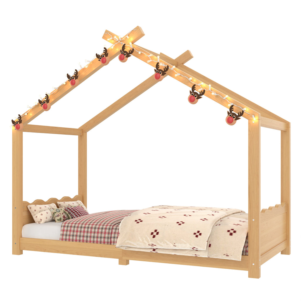 Twin House Floor Bed with Support Slats, Solid Wood House Bed Frame for Kids, No Box Spring Needed and Opening Constructure, Natural
