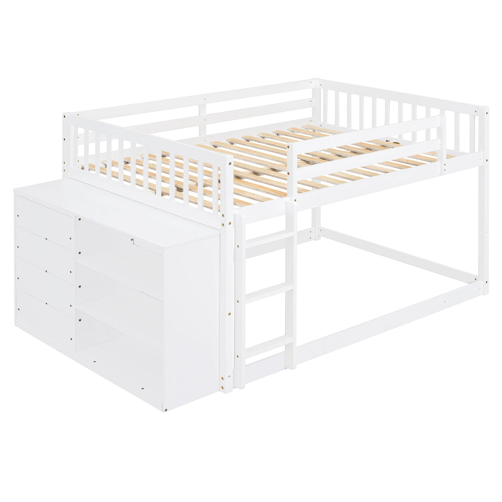 Elegant White Full Over Full Bunk Bed with Storage and Shelves - Solid Wood and Durable Design
