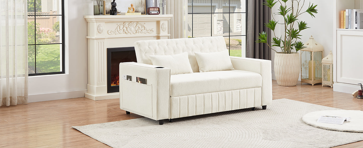 61.4' Pull-out Sofa Bed Convertible Couch Loveseat Sofa Modern Sleeper Sofa with Adjustable Backrest for Living Room, Beige