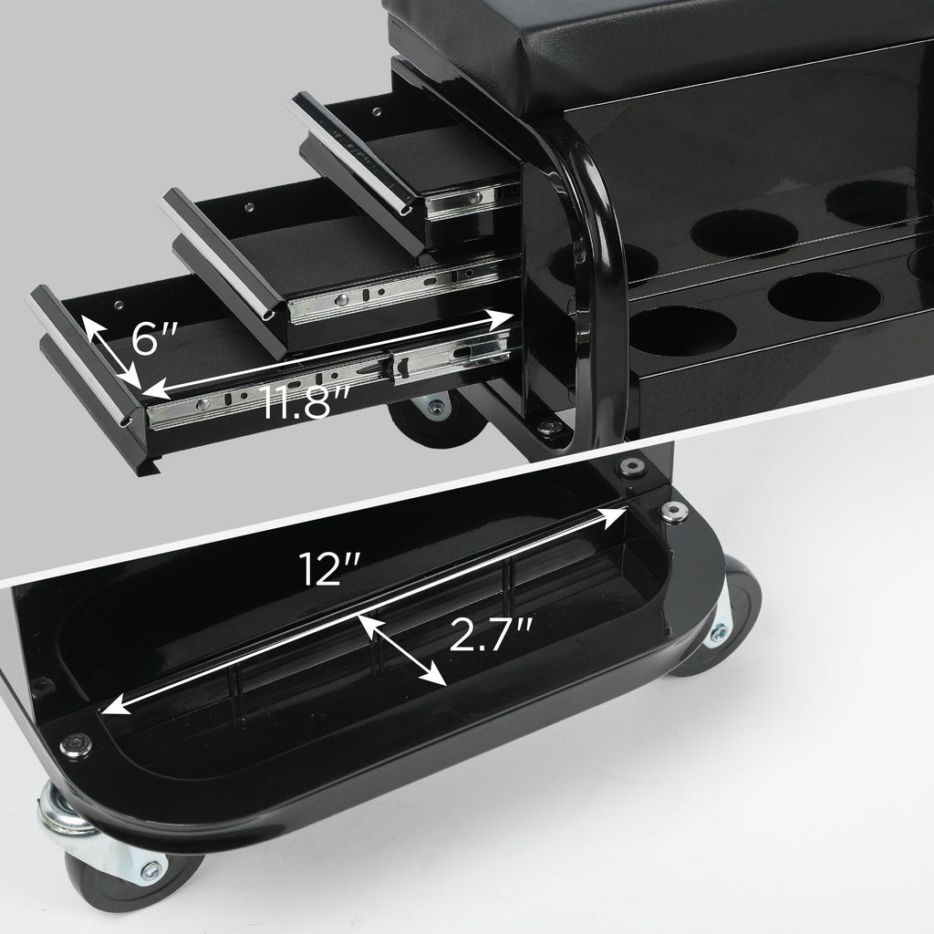 Rolling Creeper Garage Seat with 3 Built-in Drawers, Rolling Tool Chest for Shop or Garage(Black)