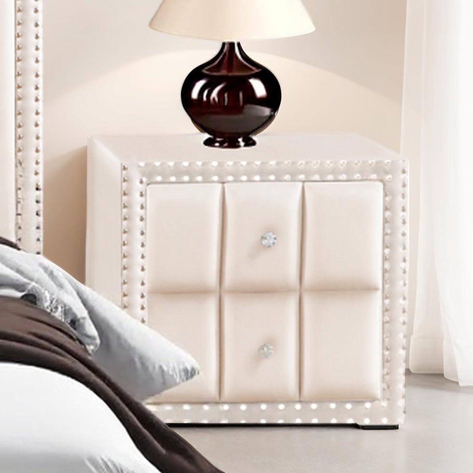 Full Size Bed 2x Nightstands Bedroom Furniture Contemporary Beige Fabric Upholstered Bedframe w LED Nailhead Trim 3pc Bedroom Set