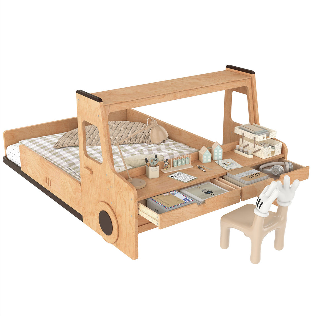 Full Size Floor Bed with Interesting Car-shape Design, Kids Car Floor Bed with Storage Drawers, Window, and Desk, Childlike Design, Natural