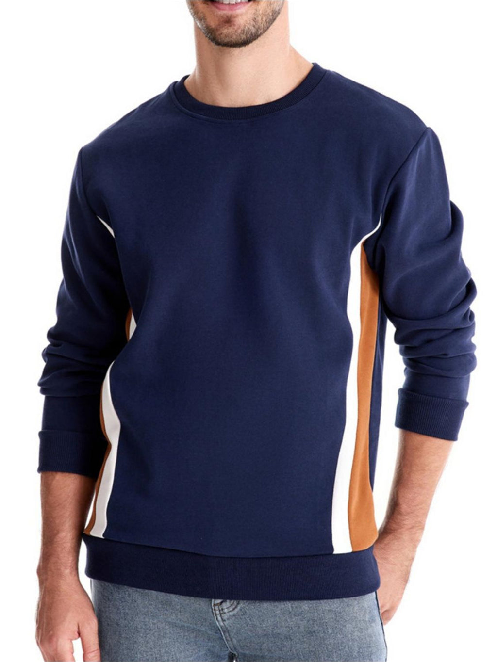 Side Striped Contrast Round Neck Sweatshirt
