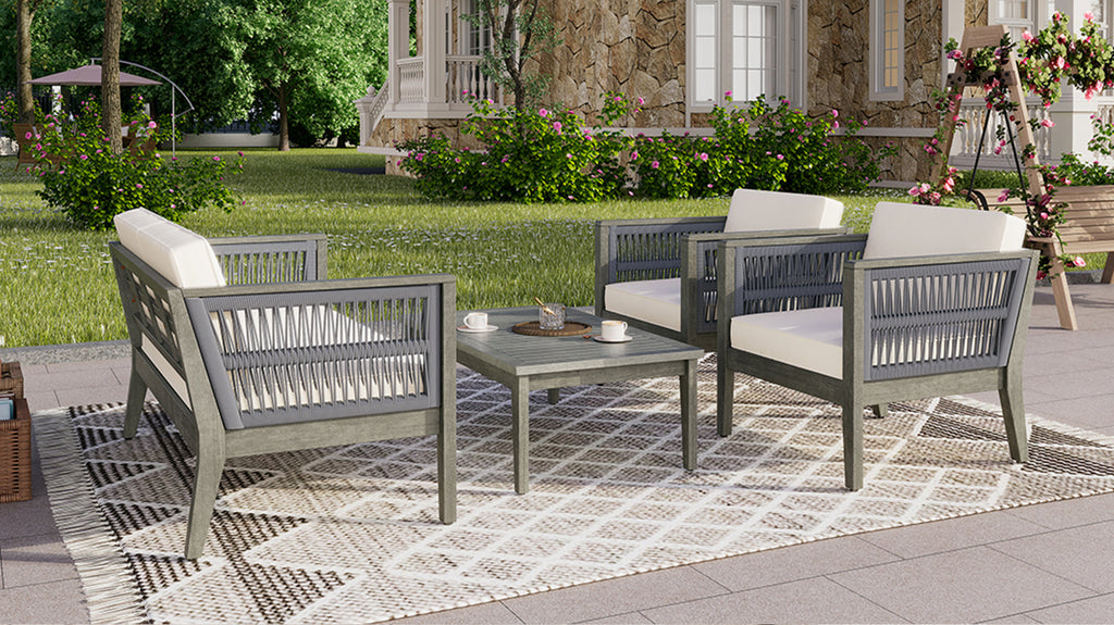 4-Pieces Acacia Wood Patio Furniture Set, Outdoor Furniture with Coffee Table, Patio Conversation Set Deep Seating with Soft Cushion, Porch Chairs for Garden, Backyard Porch Balcony, Grey & Beige