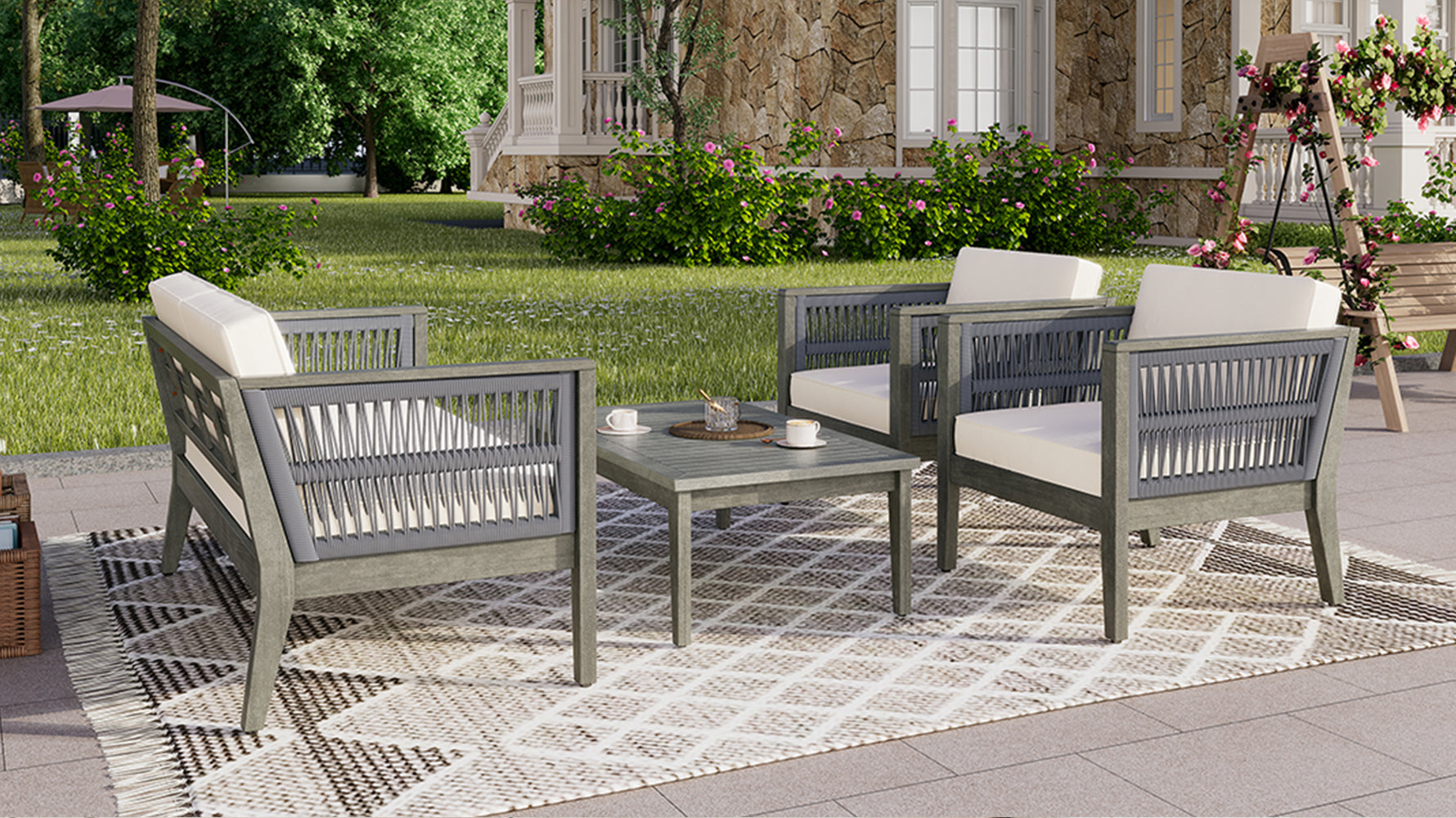 4-Pieces Acacia Wood Patio Furniture Set, Outdoor Furniture with Coffee Table, Patio Conversation Set Deep Seating with Soft Cushion, Porch Chairs for Garden, Backyard Porch Balcony, Grey & Beige