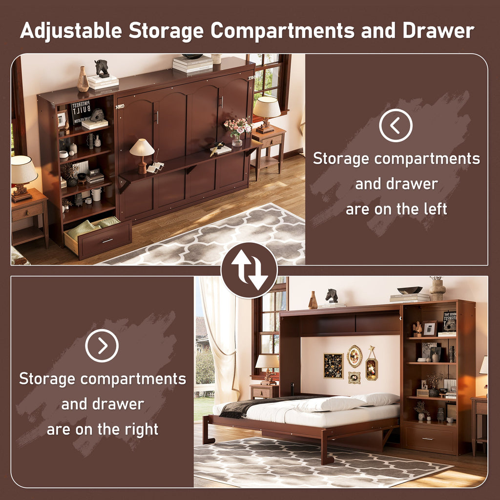 Queen Size Murphy Bed with Height Adjustable Storage Compartments and Shelf, Wall Bed Frame With 1 Drawer, Multifunctional Foldable Platform Bed for Small Space,Bedroom,Guest Room, Walnut