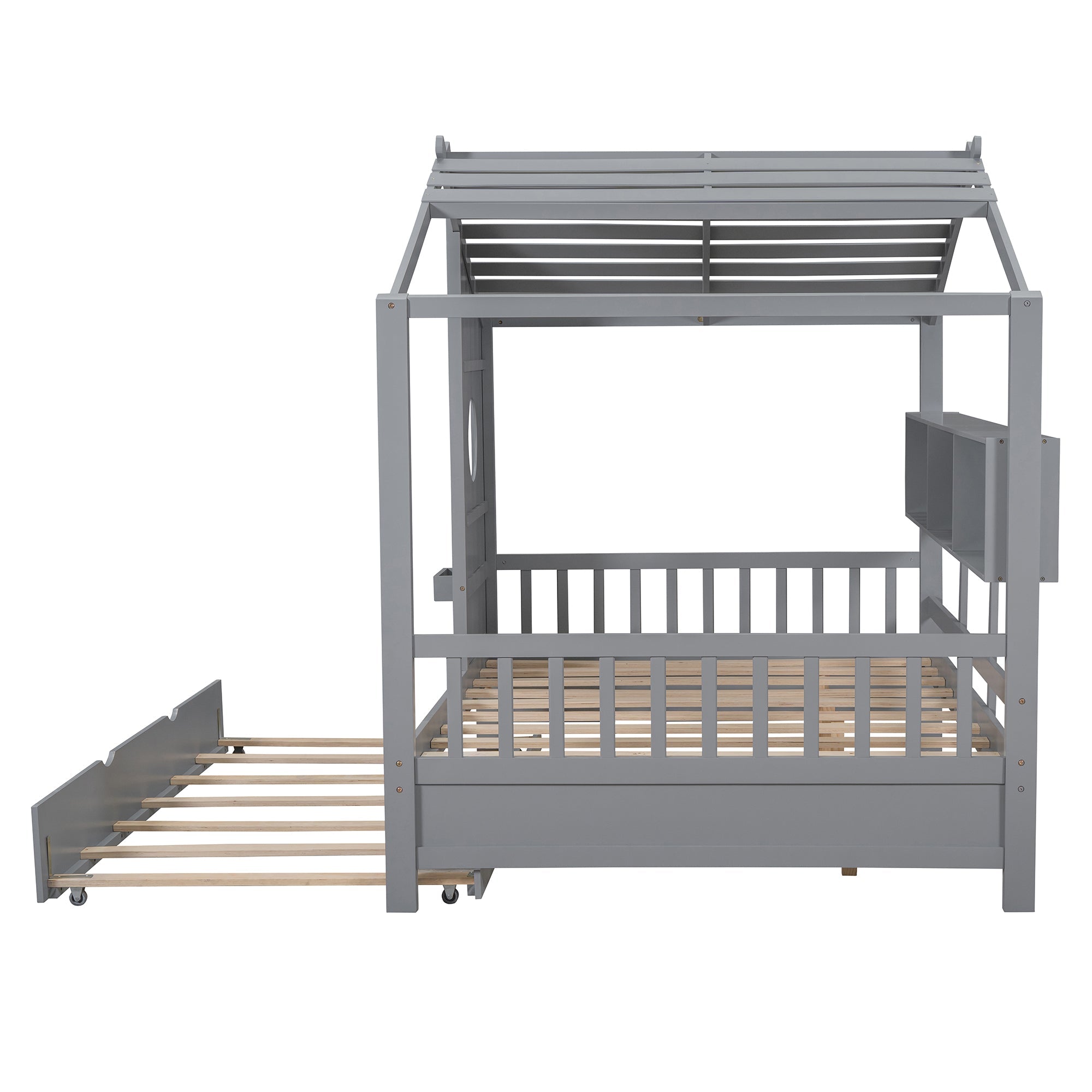 Wooden Full Size House Bed With Trundle, Modern Design for Kids with Storage Shlef, Gray(old SKU HL000095AAE)