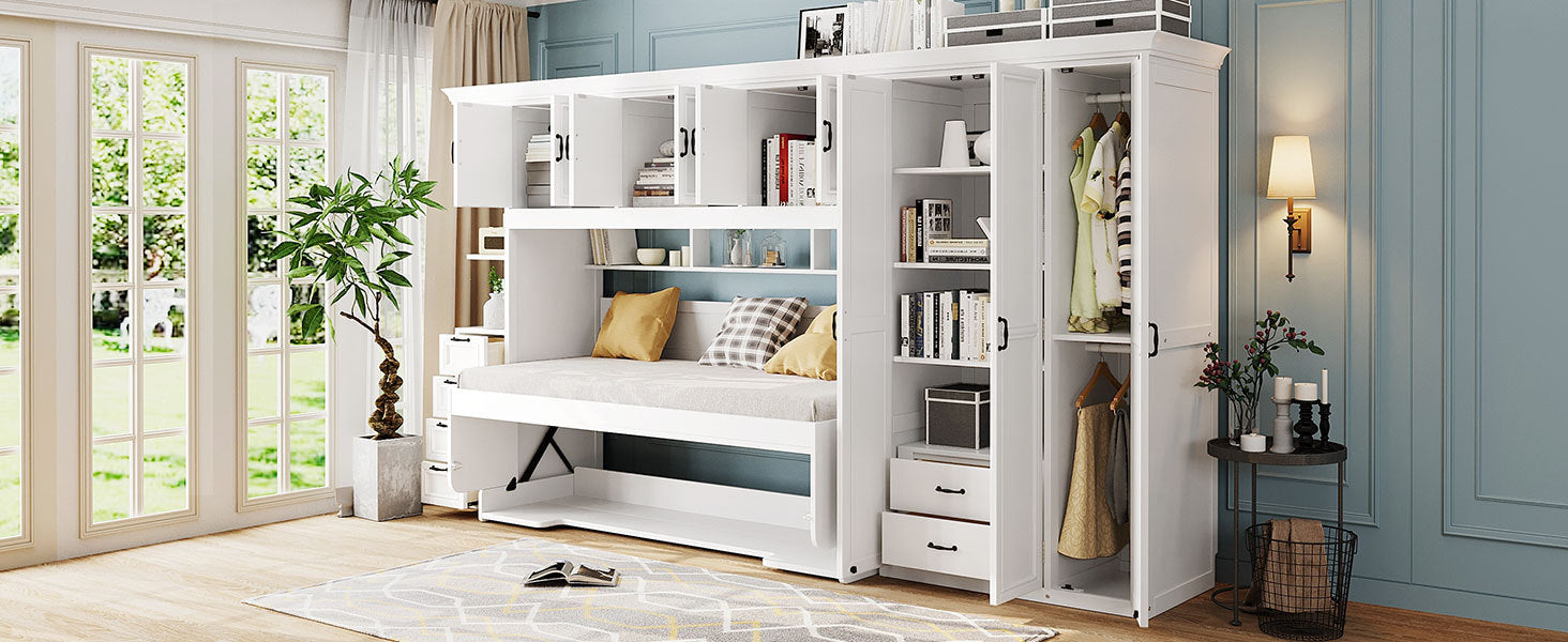 Twin Size Murphy Bed Wall Bed with Wardrobe, Cabinet and Desk, White