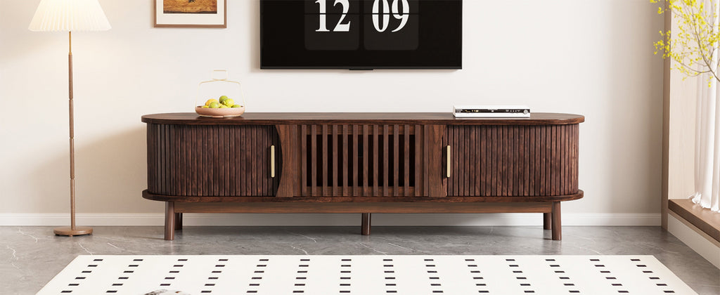 Modern Farmhouse TV Stand for 75' TVs, Wood Entertainment Center with Storage Cabinet, TV Console Table for Living Room, Bedroom