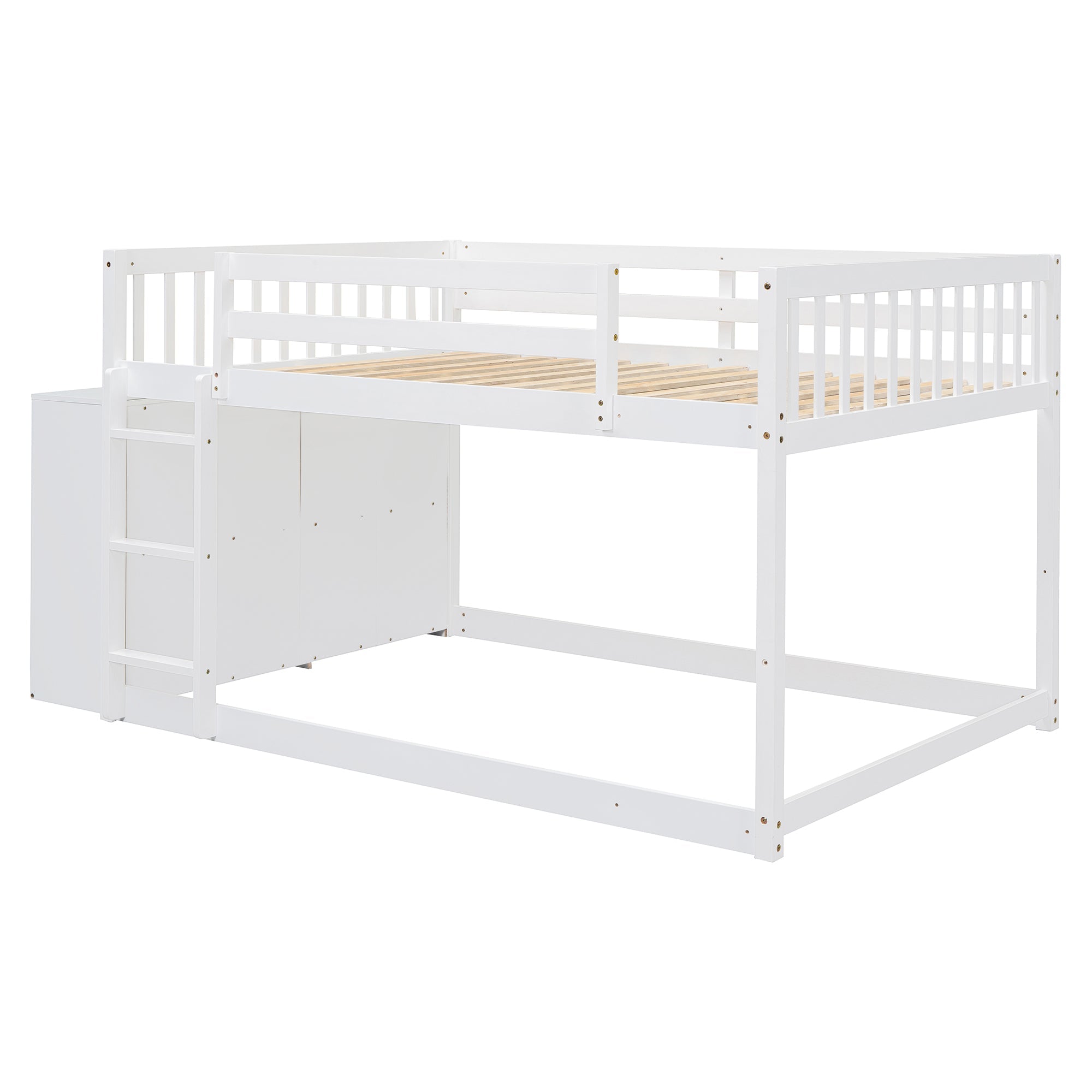 Elegant White Full Over Full Bunk Bed with Storage and Shelves - Solid Wood and Durable Design