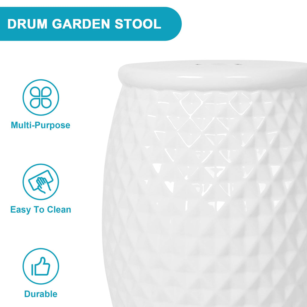 Glazed Ceramic Drum Stool - Indoor/Outdoor Side Table - White Ceramic 11 x 17.25 Inches
