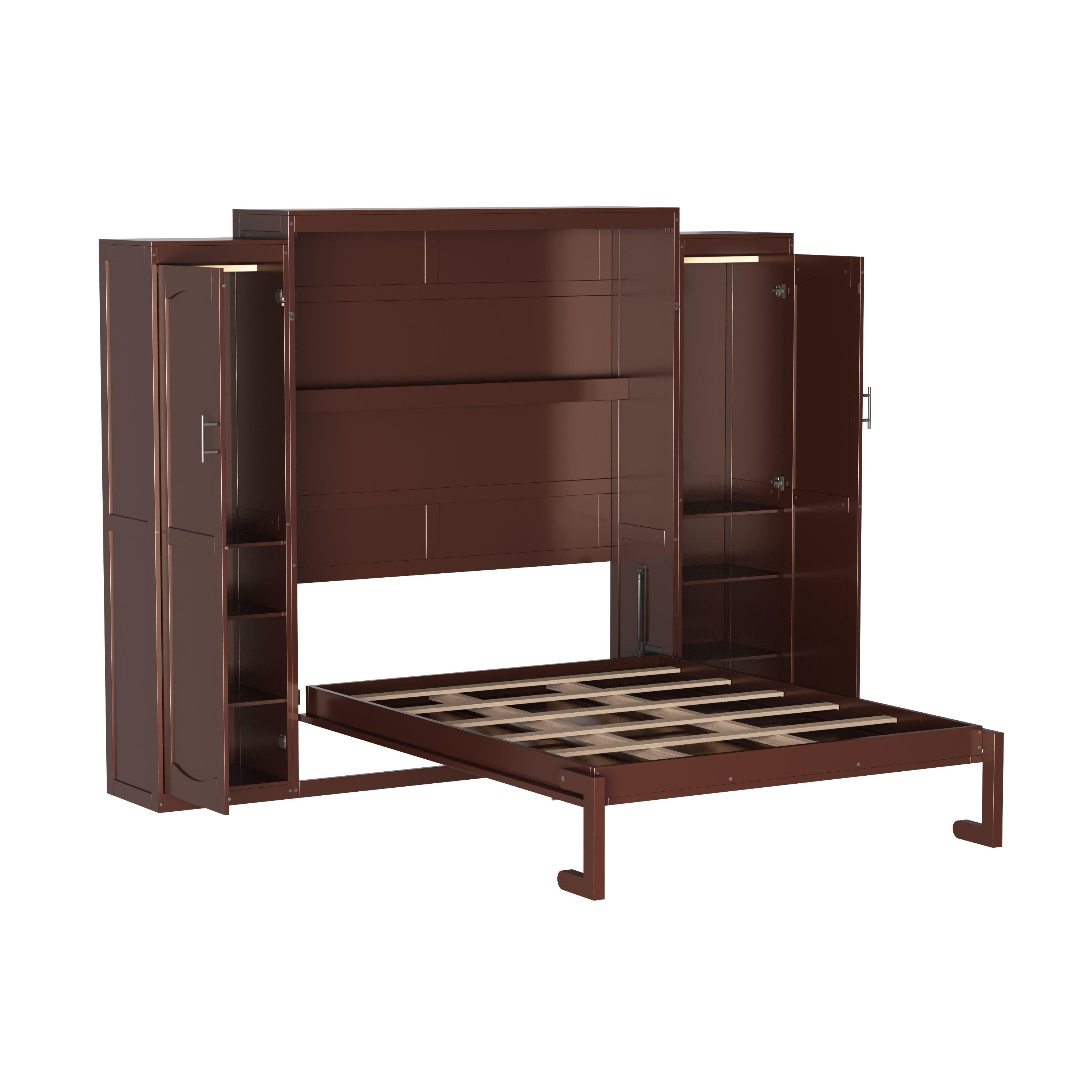 Full Size Murphy Bed, Wooden Full Wall Bed with 2 Wardrobe and Storage Shelf, Multifunctional Foldable Platform Bedframe for Guest-Room, Bedroom, Walnut