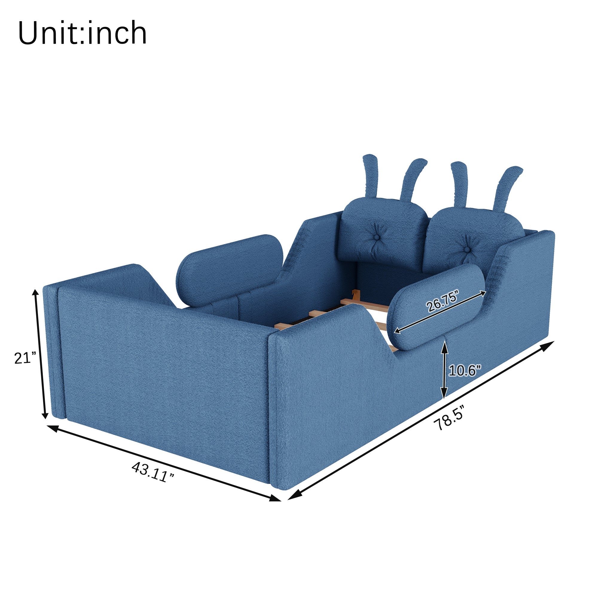 Twin Size Upholstered Platform Bed with Rabbit Cushion, Kids Floor Upholstered Bed with Removable Side Rails, Blue(Expect Arrival Date 2025/1/15)