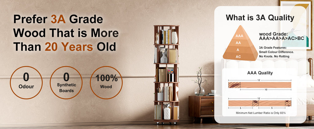 100%Solid Wood Rotating Bookshelf on Wheels,5 Tier, Round Revolving Bookcase, 360° Spinning Book Shelf Tower for Kids, Narrow Rolling Bookshelves for Small Space, Corner, Bedroom, Office, Walnut