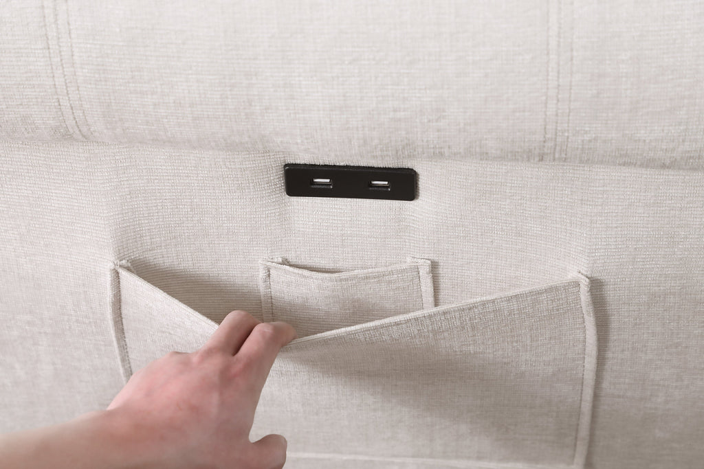 Hugo 97'W Beige Chenille Reversible Sleeper Sectional Sofa Chaise with USB Charger