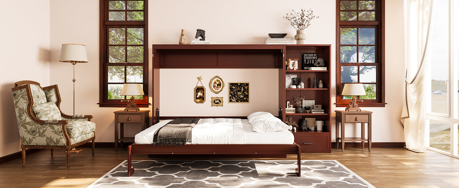 Queen Size Murphy Bed with Height Adjustable Storage Compartments and Shelf, Wall Bed Frame With 1 Drawer, Multifunctional Foldable Platform Bed for Small Space,Bedroom,Guest Room, Walnut