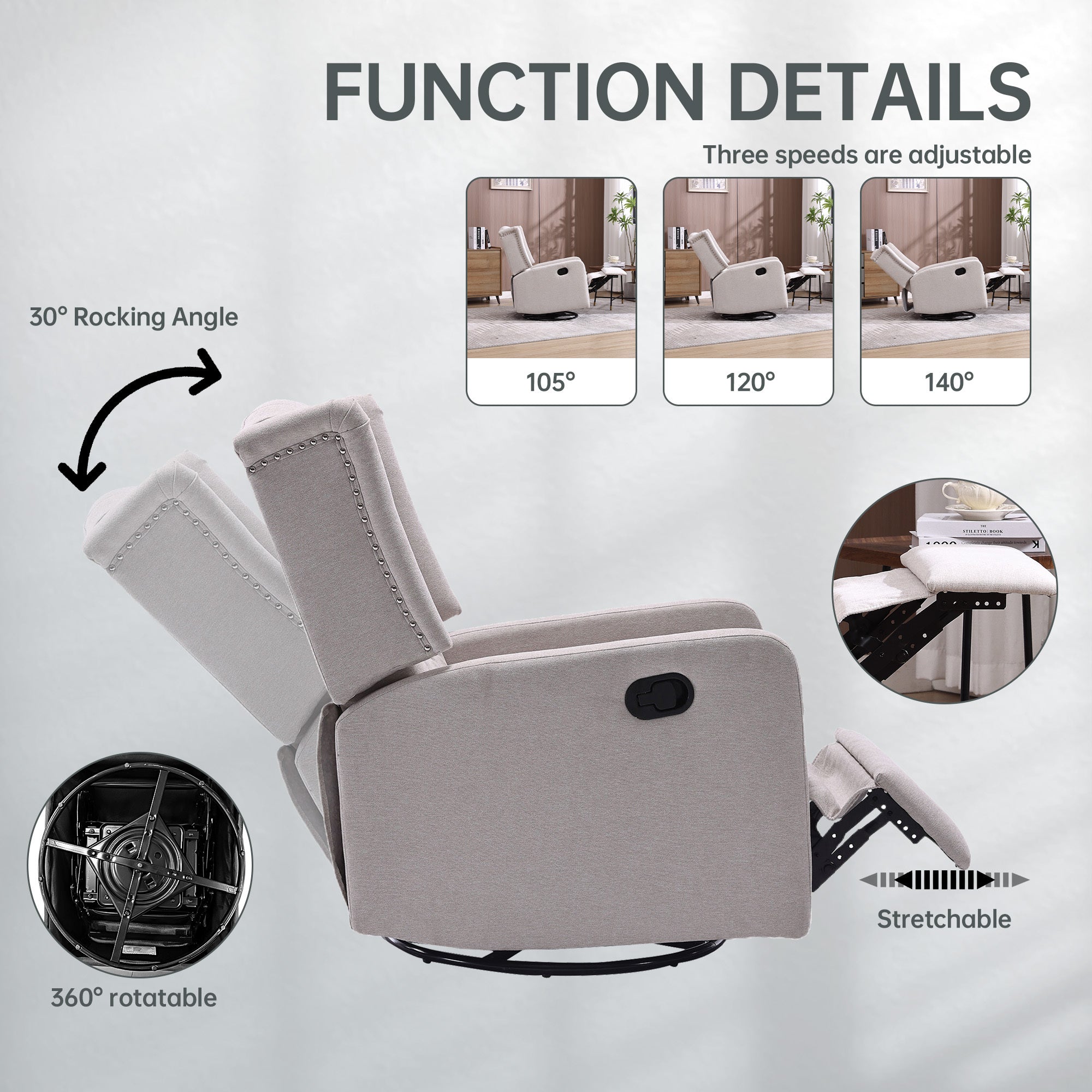 COOLMORE Rocking Recliner Chair,360 Degree Swivel Nursery Rocking Chair,Glider Chair,Modern Small Rocking Swivel Recliner Chair for Bedroom,Living Room Chair Home Theater Seat (Beige)