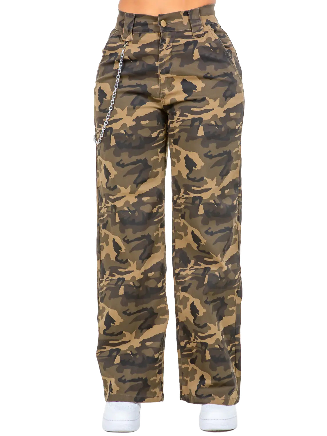 High Waist Camo Wide Leg Pants w/ Removable Chain
