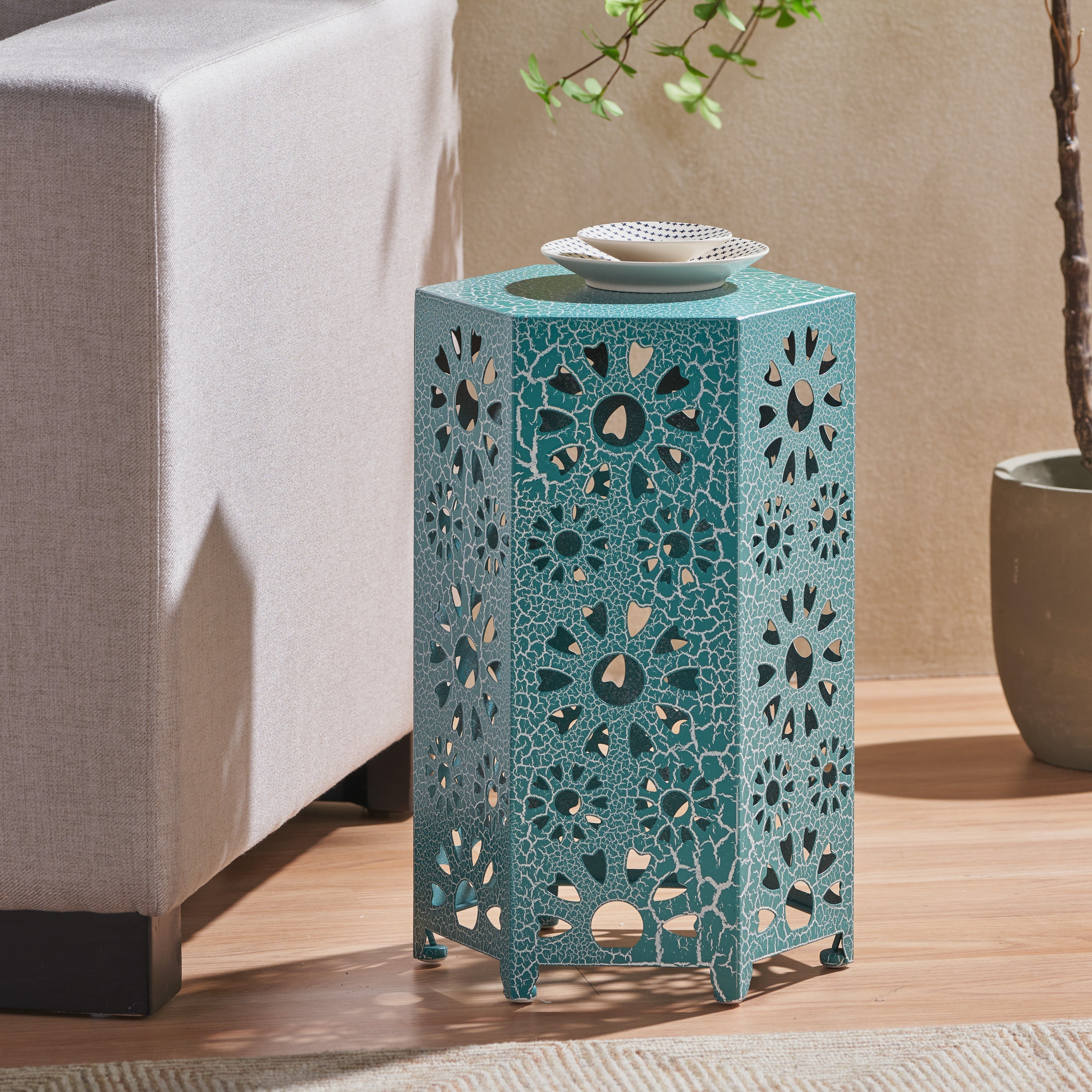 ELIANA Modern 12' Side Table with Iron Frame in Teal Finish