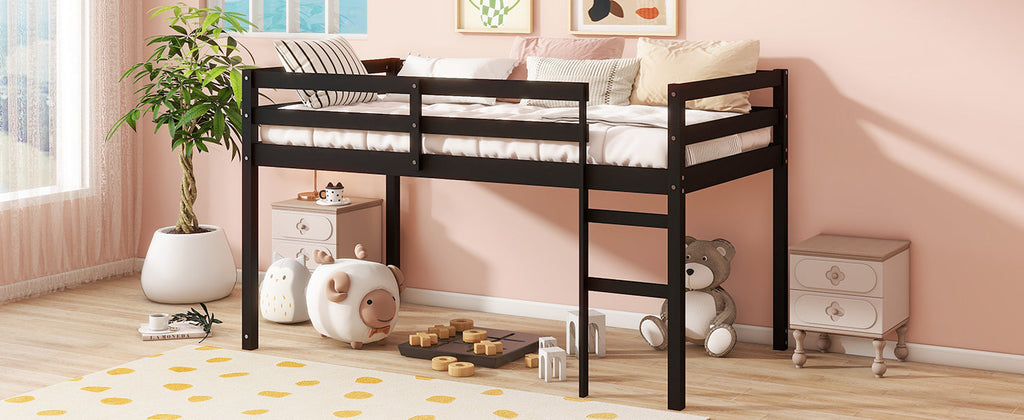 Solid Wooden, Rubber Wooden Twin Loft Bed with Ladder, Bed Platform of Strengthened Slats , Black