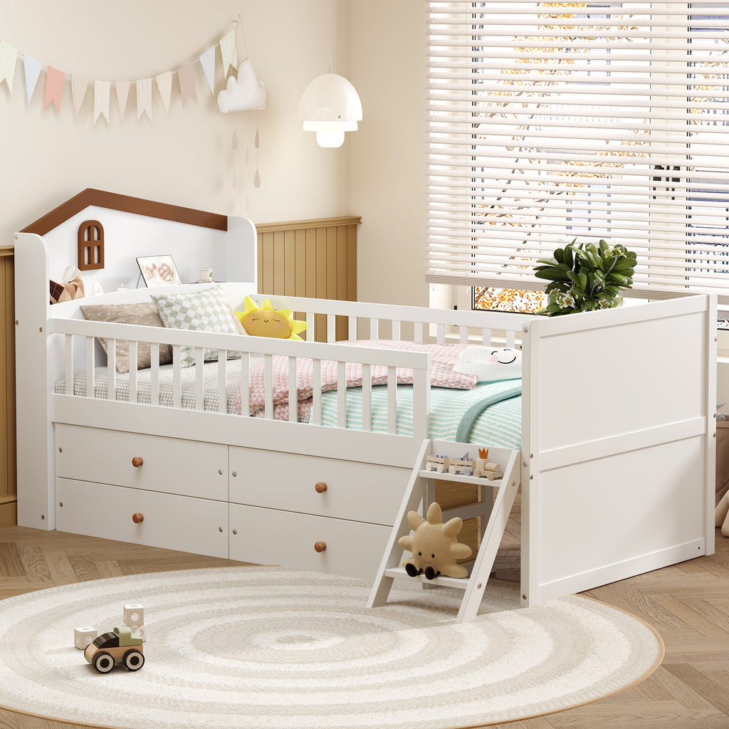 Twin Bed Frame with Storage 4 Drawers,Wooden Bed Frame for Kids,Platform Twin Size Bed with Guardrail Headboard and Ladder, No Box Spring Needed, Easy Assembly, White