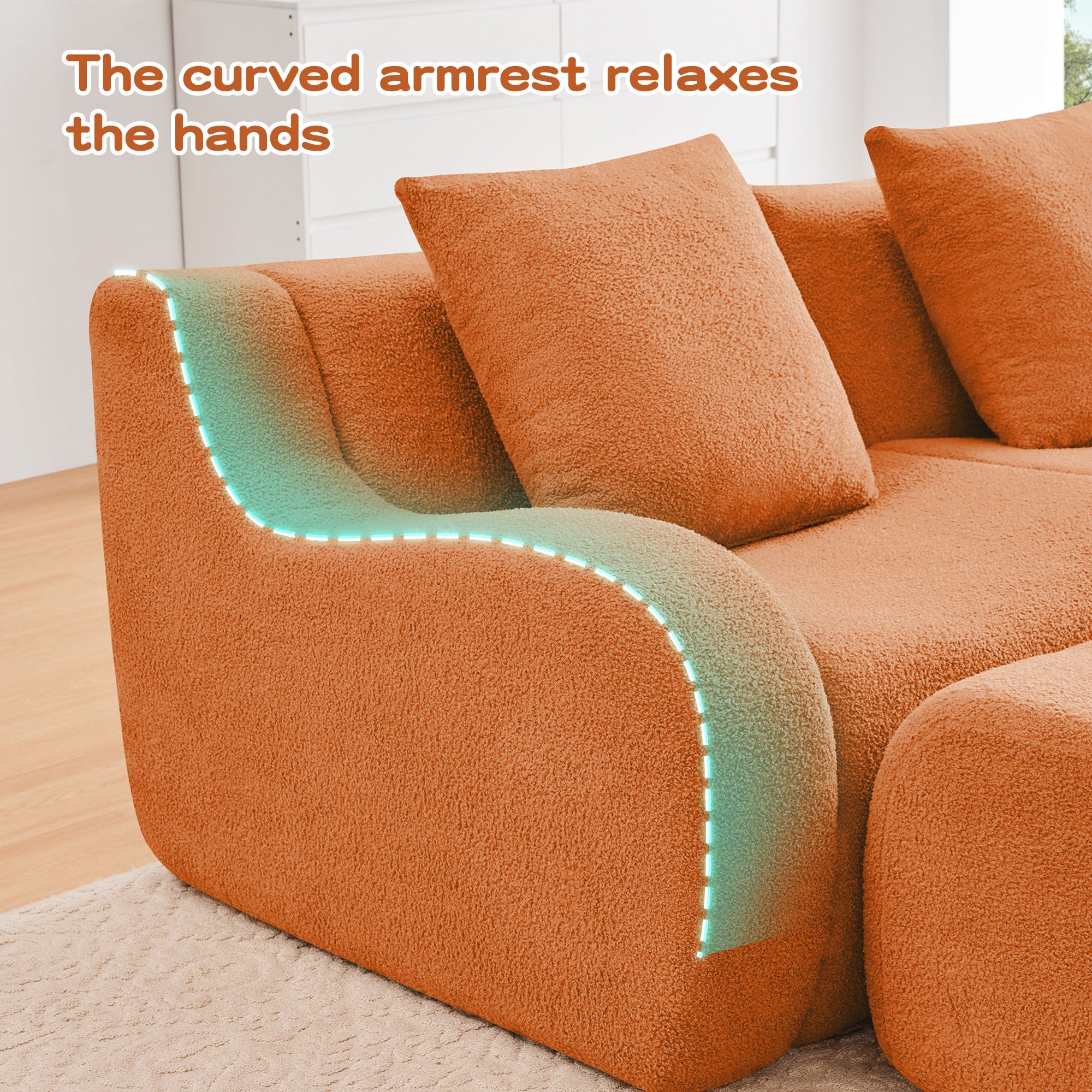 U-Shaped Boneless Sofa,Teddy Fabric No assembly required Curved armrest,Anti-slip Design,Streamlined Design 32D High Density Sponge,Full Compression Vacuum Packag,For Studies living Rooms,Orange