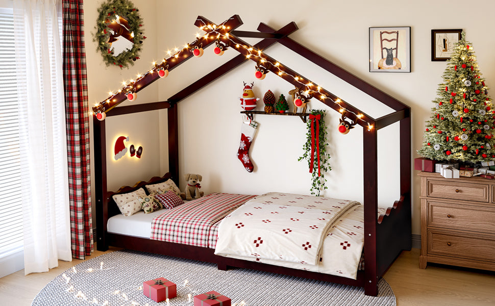 Twin House Floor Bed with Support Slats, Solid Wood House Bed Frame for Kids, No Box Spring Needed and Opening Constructure, Espresso