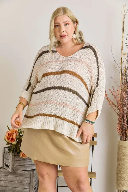 ADORA Full Size Multi Color Strip Sweater Plus Size