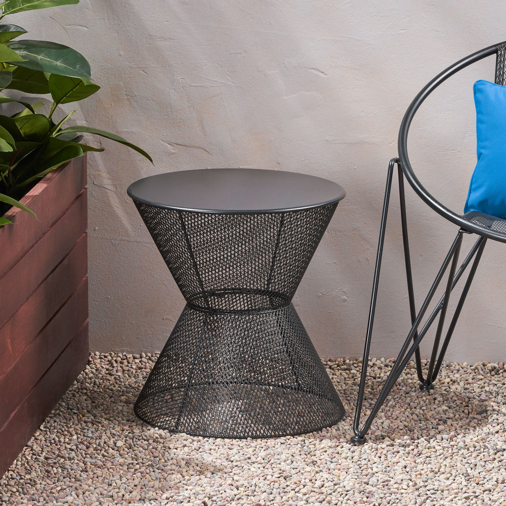 NEVADA Outdoor Side Table with Breezy Mesh Look in Matte Black Iron, 17.75 x 17.75 x 18.25 inches