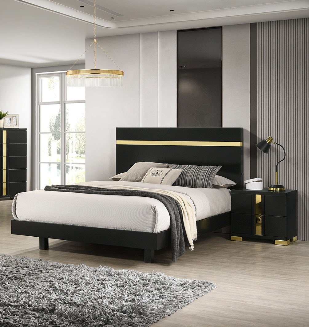 Modern Black 3pc Bedroom Set Full Size Bed w LED 2x Nightstands Mattress Ready Furniture Acrylic Trim
