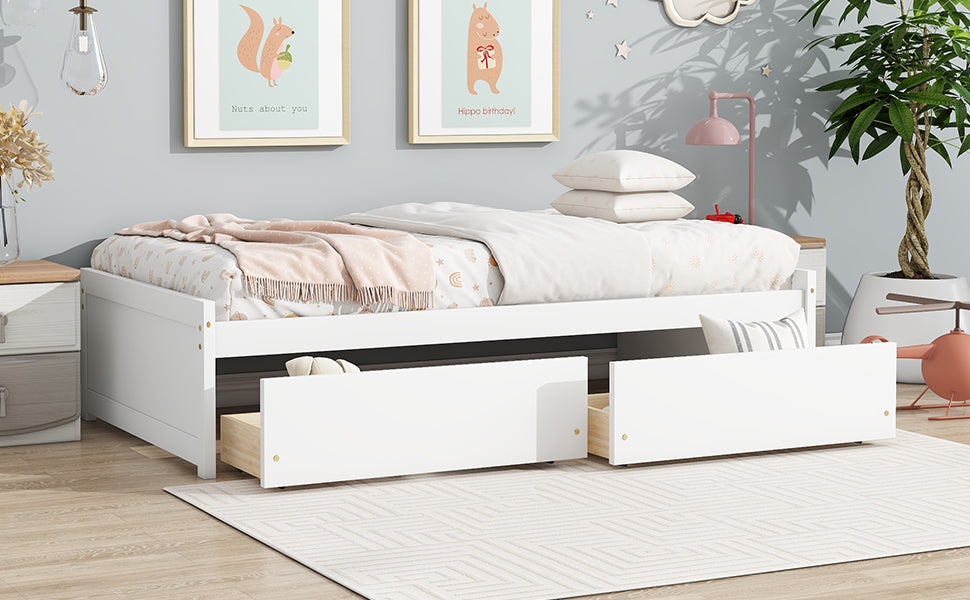 Twin Size Bed with 2 Drawers, Solid Rubber Wood Bed,White