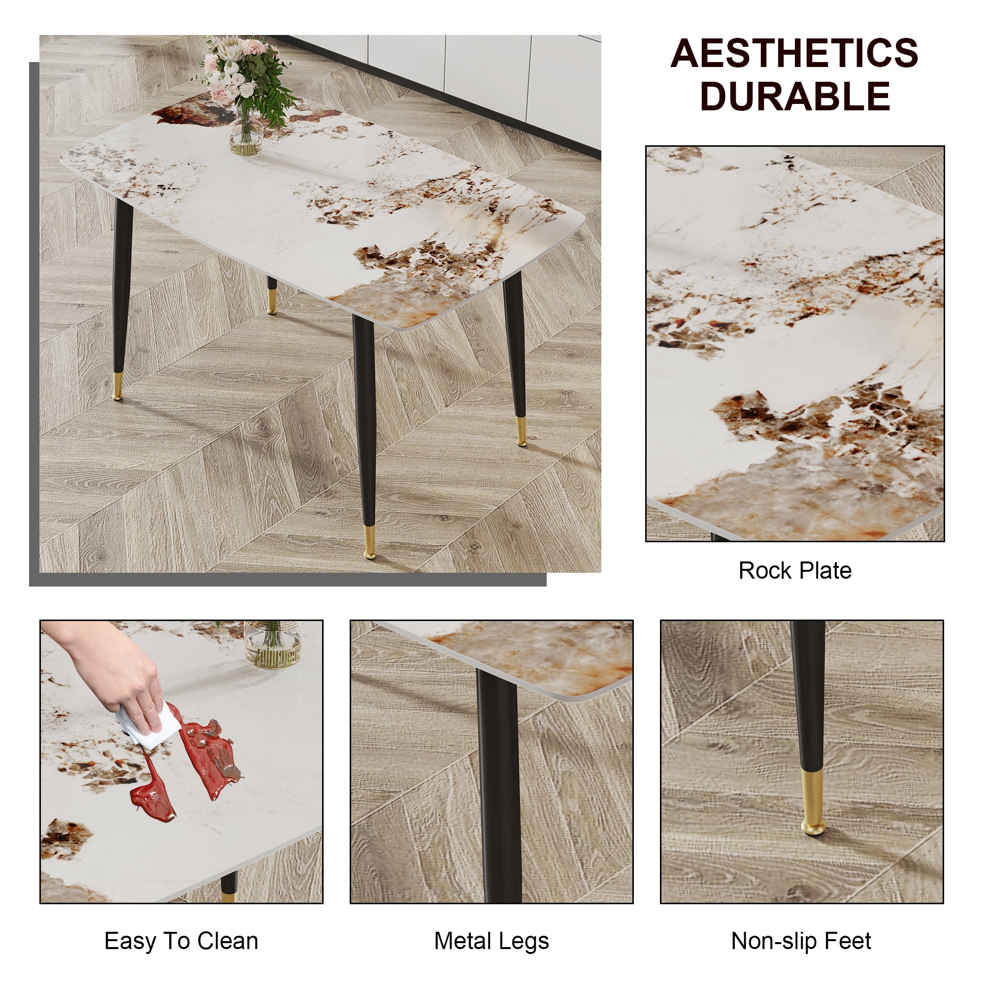 Modern minimalist dining table. A patterned SINTERED STONE tabletop with black metal legs. Suitable for kitchen and living room 50'*30'*30' F-001.W1151S00398