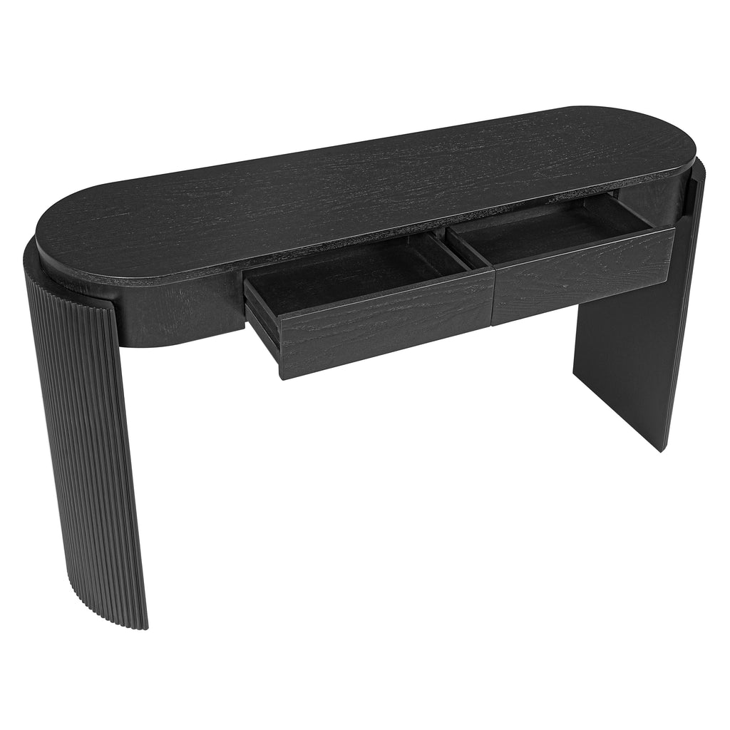 TREXM Entryway Table with Natural Wood Grain Finish, Console Table with Fluted Design, Oval Top and 2 Drawers for Entryway and Living Room (Black)