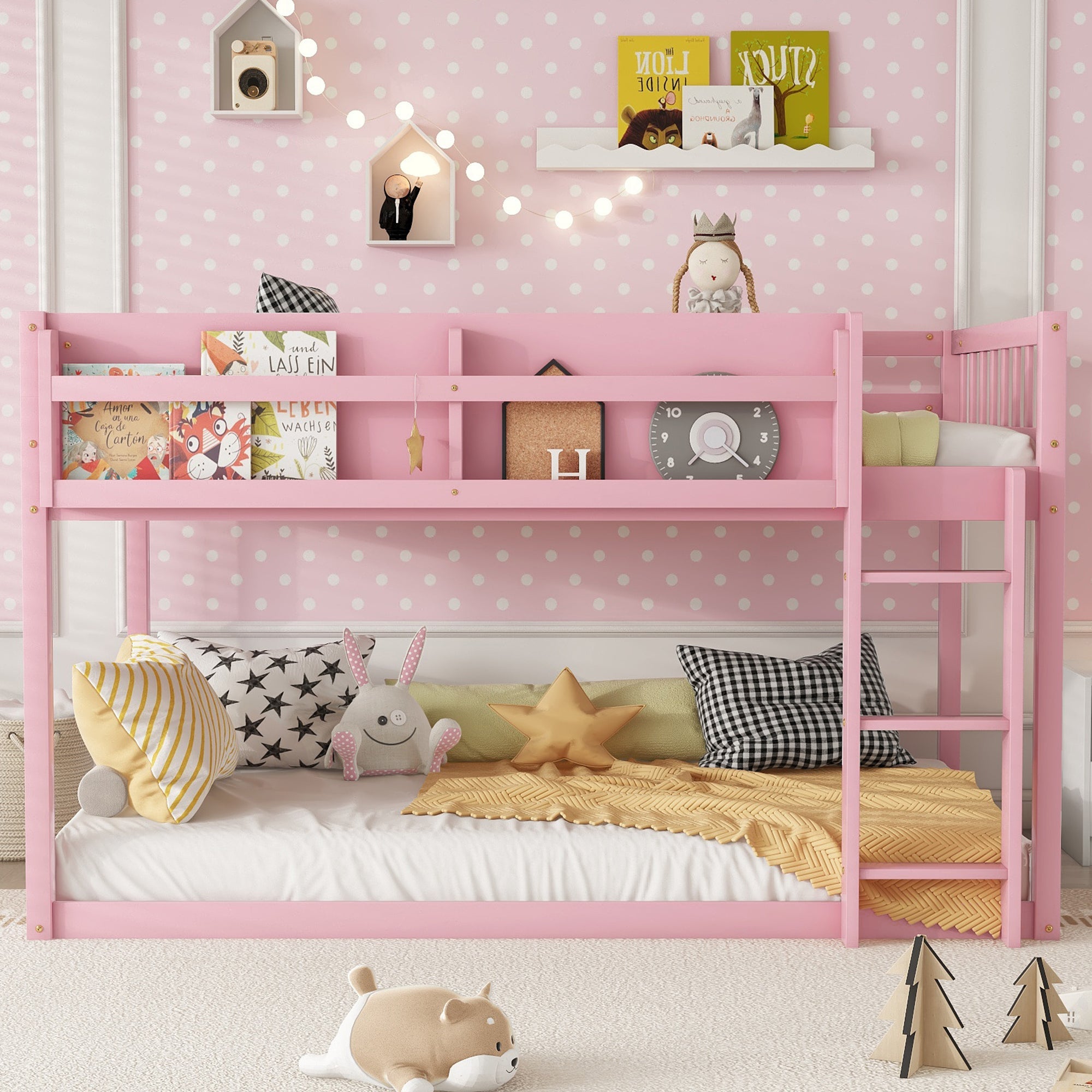 Low Twin Over Twin Bunk Bed, Floor Bunk Bed with Ladder, Solid Wood Twin Bunk Bed for Kids & Juniors, Pink(Expect Arrival Date 2025/11/25)